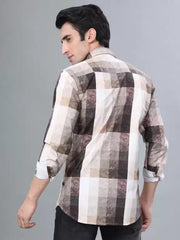 Coffee and White Checks Printed Casual Full Sleeve Shirt For Men With Pocket